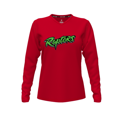 [CUS-DFW-TEES-PER-VNK-LSL-RED-FYXS-LOGO2] Performance T-Shirt (Female Youth XS, Red, V Neck, Logo 2, Long Sleeve)